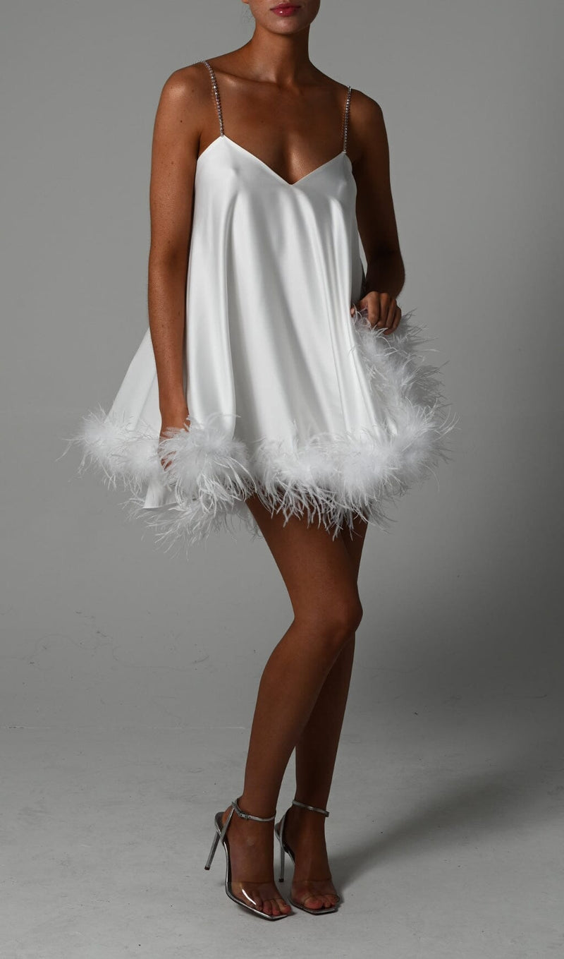 FEATHER HEM MINI DRESS IN LVORY