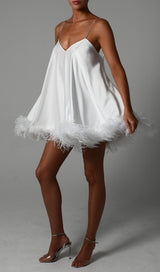 FEATHER HEM MINI DRESS IN LVORY