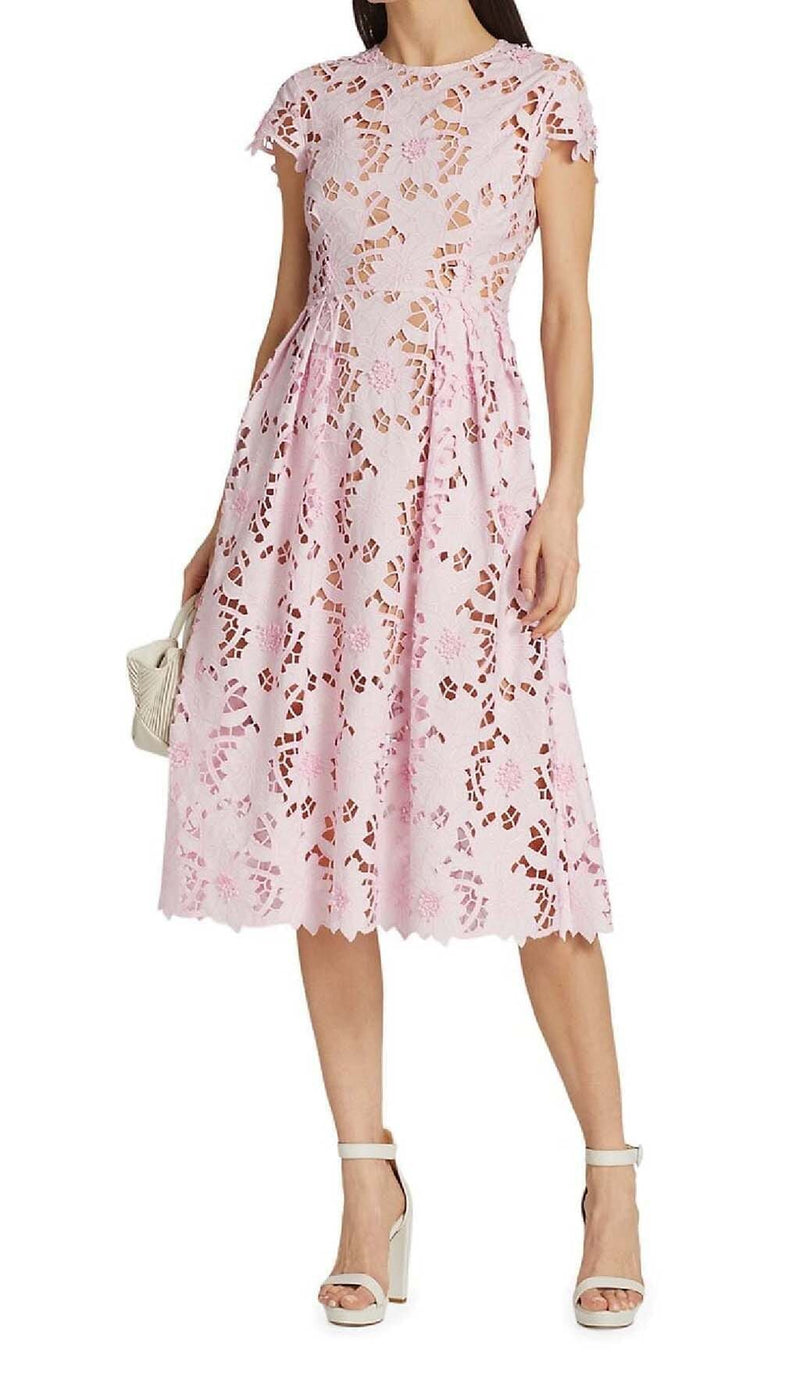 FLORAL LACE EMBROIDERED MIDI DRESS IN PINK