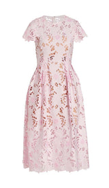 FLORAL LACE EMBROIDERED MIDI DRESS IN PINK