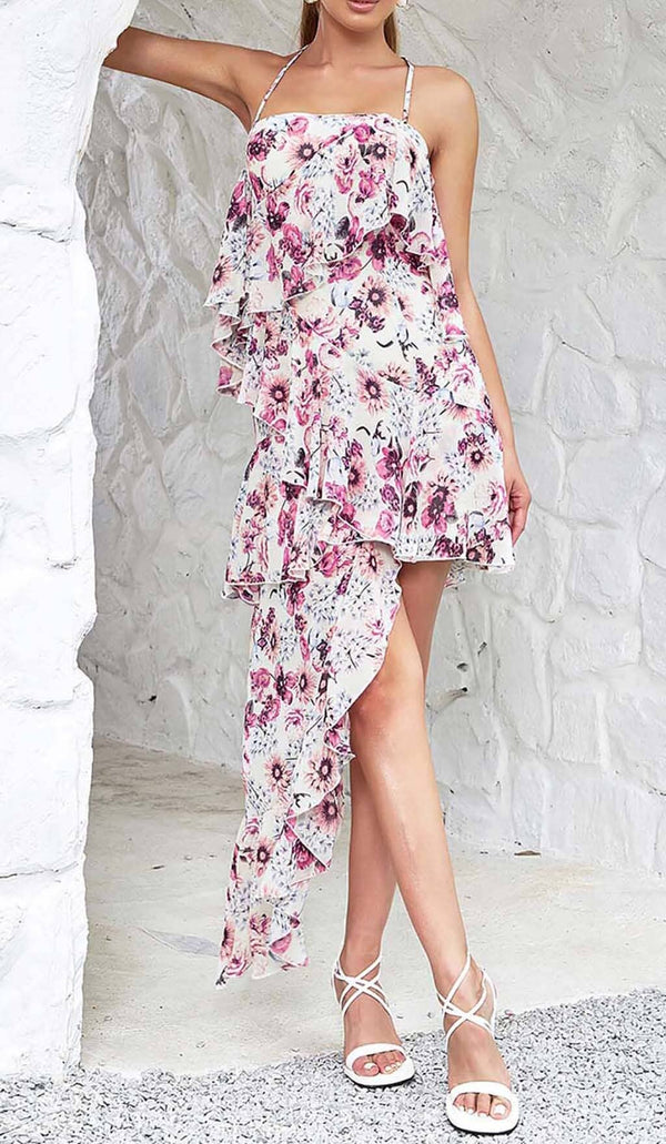 FLORAL PRINT COLD SHOULDER HALTER HIGH LOW DRESS