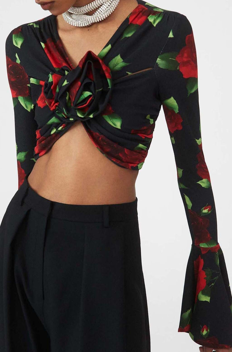 FLORAL-PRINT CROP TOP IN BLACK