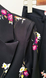 FLORAL PRINT FLARE JACKET SUIT IN BLACK