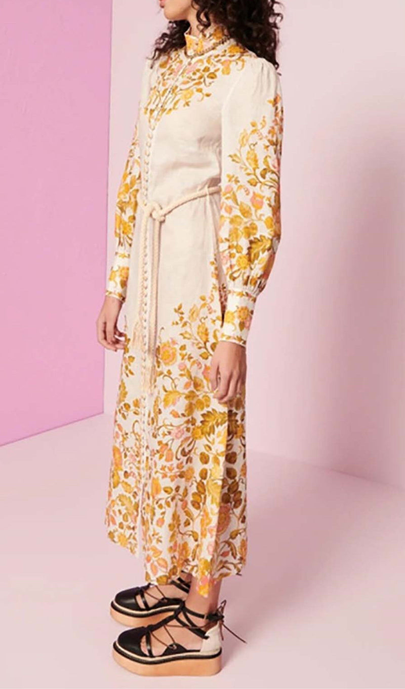 FLORAL-PRINT ROPE BELT MIDI DRESS IN IVORY