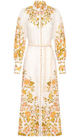 FLORAL-PRINT ROPE BELT MIDI DRESS IN IVORY