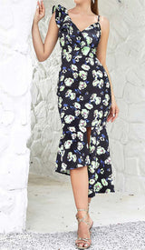 FLORAL PRINT RUFFLES MIDI DRESS