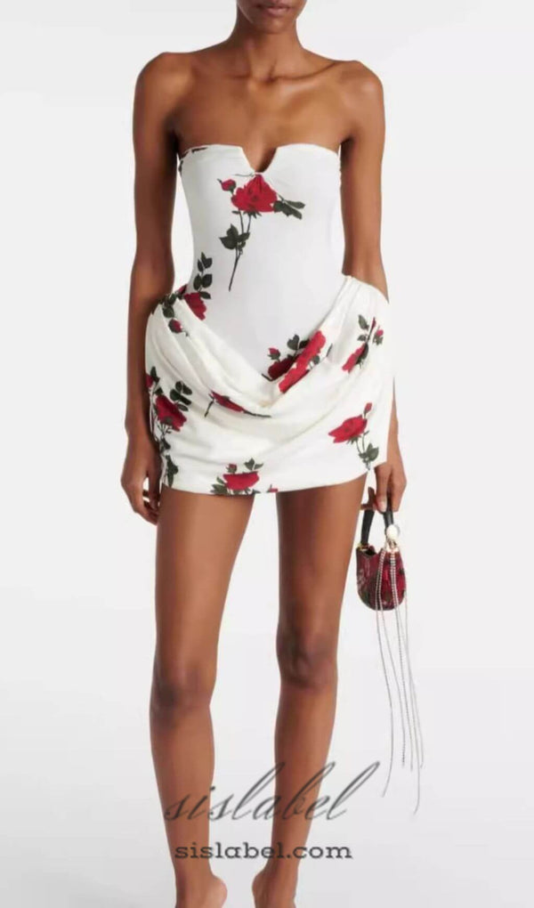 FLORAL-PRINTED PLEATED STRAPLESS MINI DRESS IN WHITE