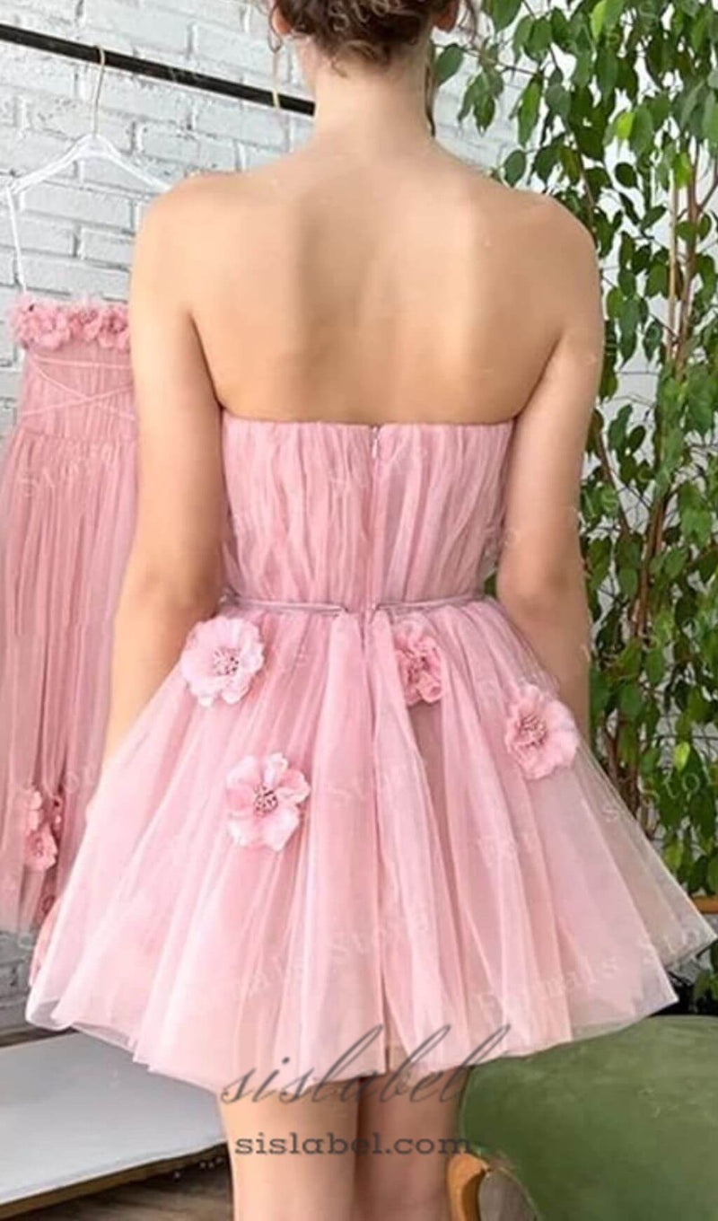 FLOWER-APPLIQUÉ STRAPLESS MINI DRESS IN PINK