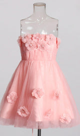 FLOWER-APPLIQUÉ STRAPLESS MINI DRESS IN PINK