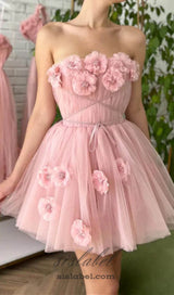 FLOWER-APPLIQUÉ STRAPLESS MINI DRESS IN PINK