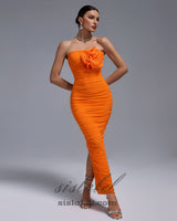 ORANGE OPEN BACK RUCHED FLOWER BODYCON MAXI DRESS