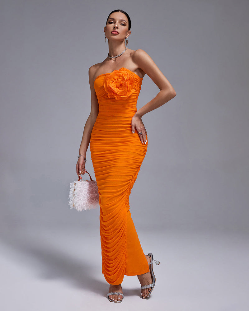 ORANGE OPEN BACK RUCHED FLOWER BODYCON MAXI DRESS