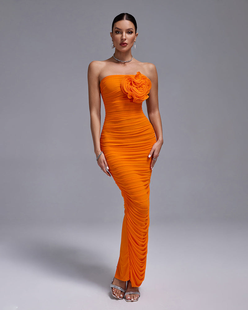 ORANGE OPEN BACK RUCHED FLOWER BODYCON MAXI DRESS