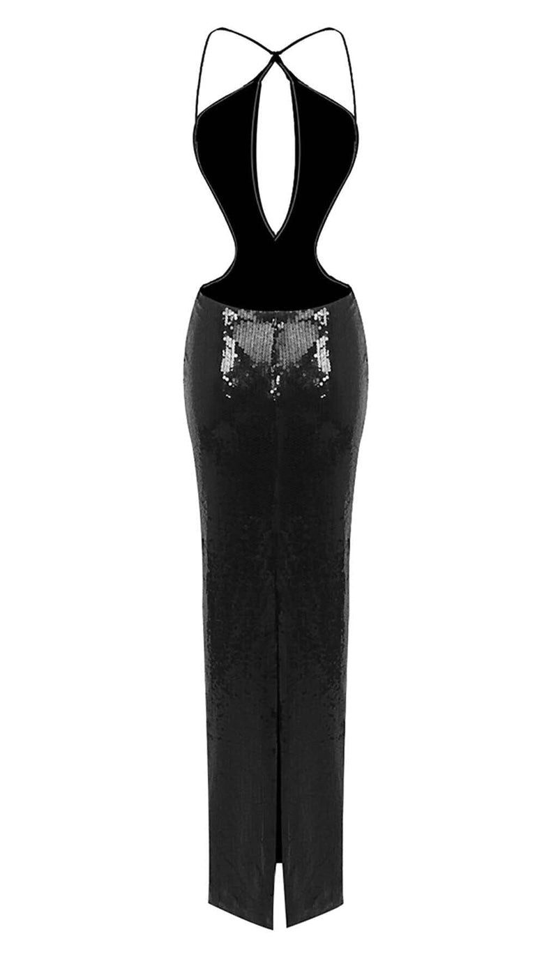 FRONT CUTOUT BACKLESS MAXI DRESS IN BLACK