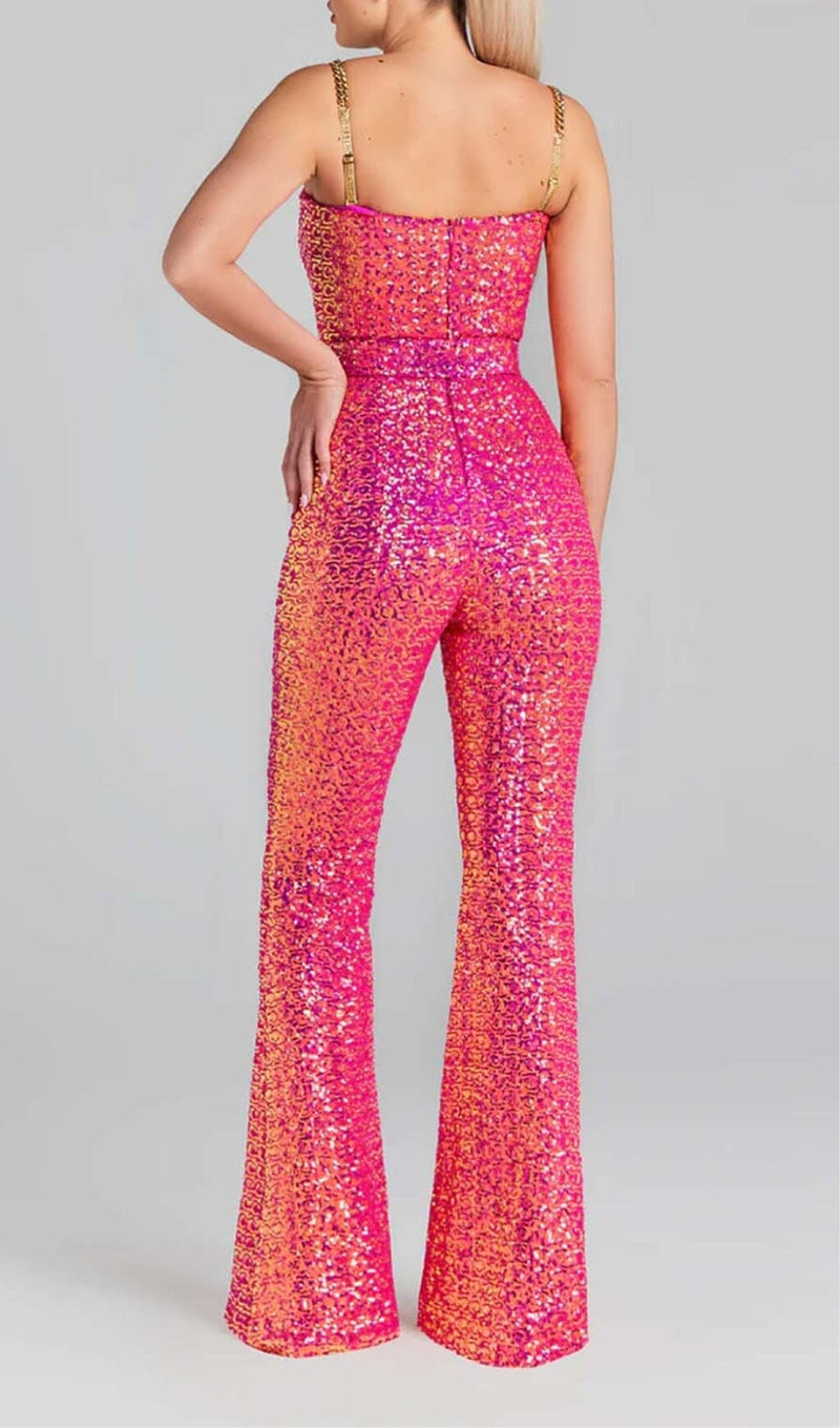 GLITTER FLARED TROUSER JUMPSUIT IN PINK