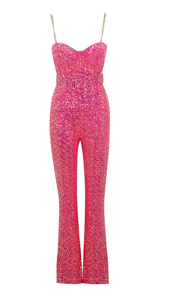 GLITTER FLARED TROUSER JUMPSUIT IN PINK