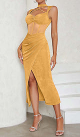 HALTER BANDAGE MIDI DRESS IN YELLOW