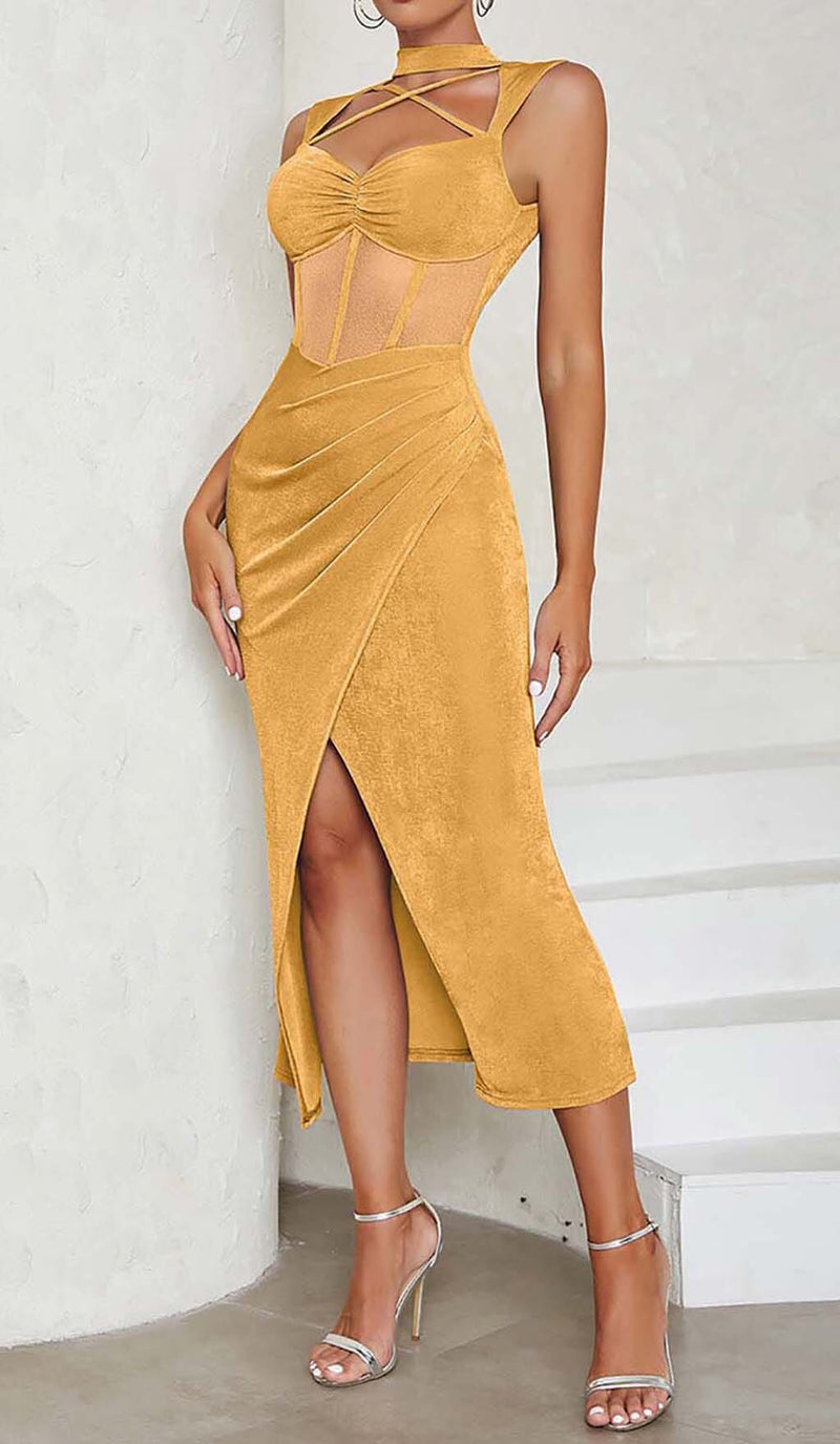 HALTER BANDAGE MIDI DRESS IN YELLOW