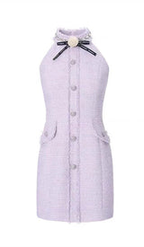 HALTER BOW NECK TWEED MINI DRESS IN LILAC