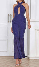 HALTER NECK BACKLESS FLARE LEG JUMPSUIT