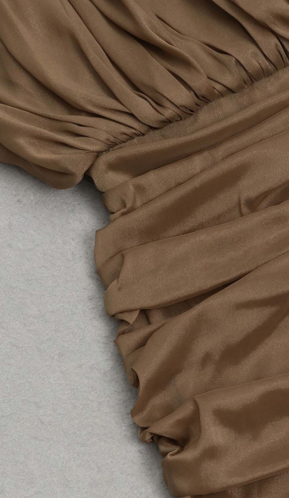 HALTER NECK SATIN DRESS IN BROWN