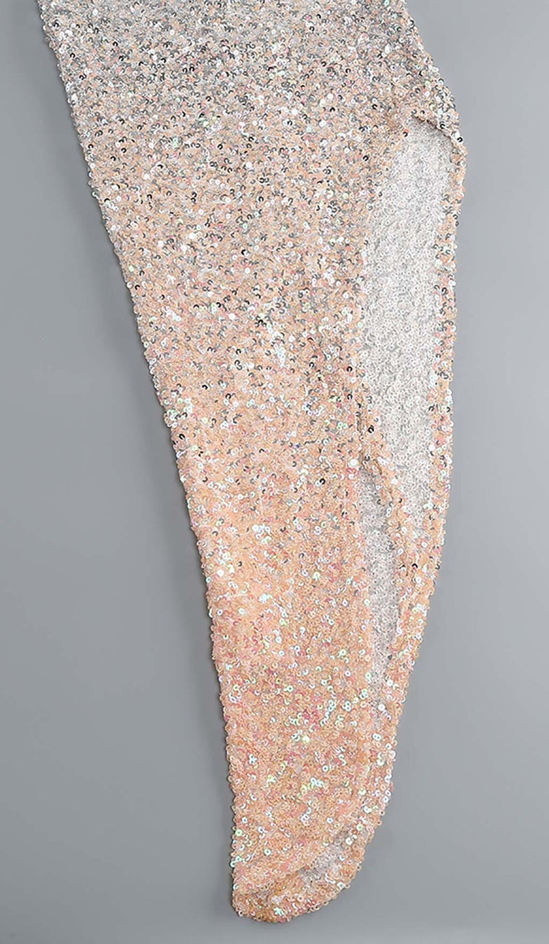 HALTER SEQUIN MIDI DRESS IN METALLIC SLIVER