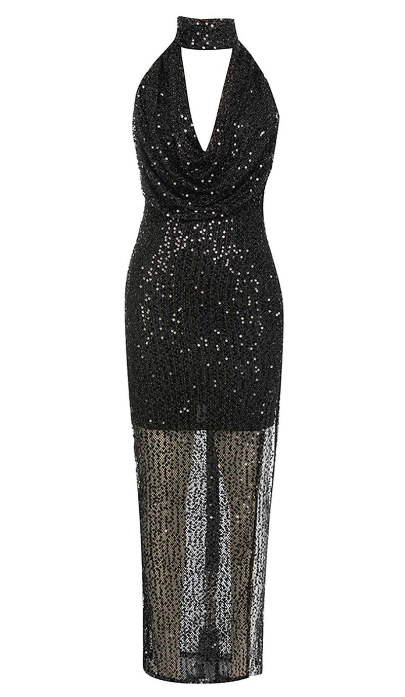 HALTER SLEEVELESS SEQUIN MAXI DRESS IN BLACK