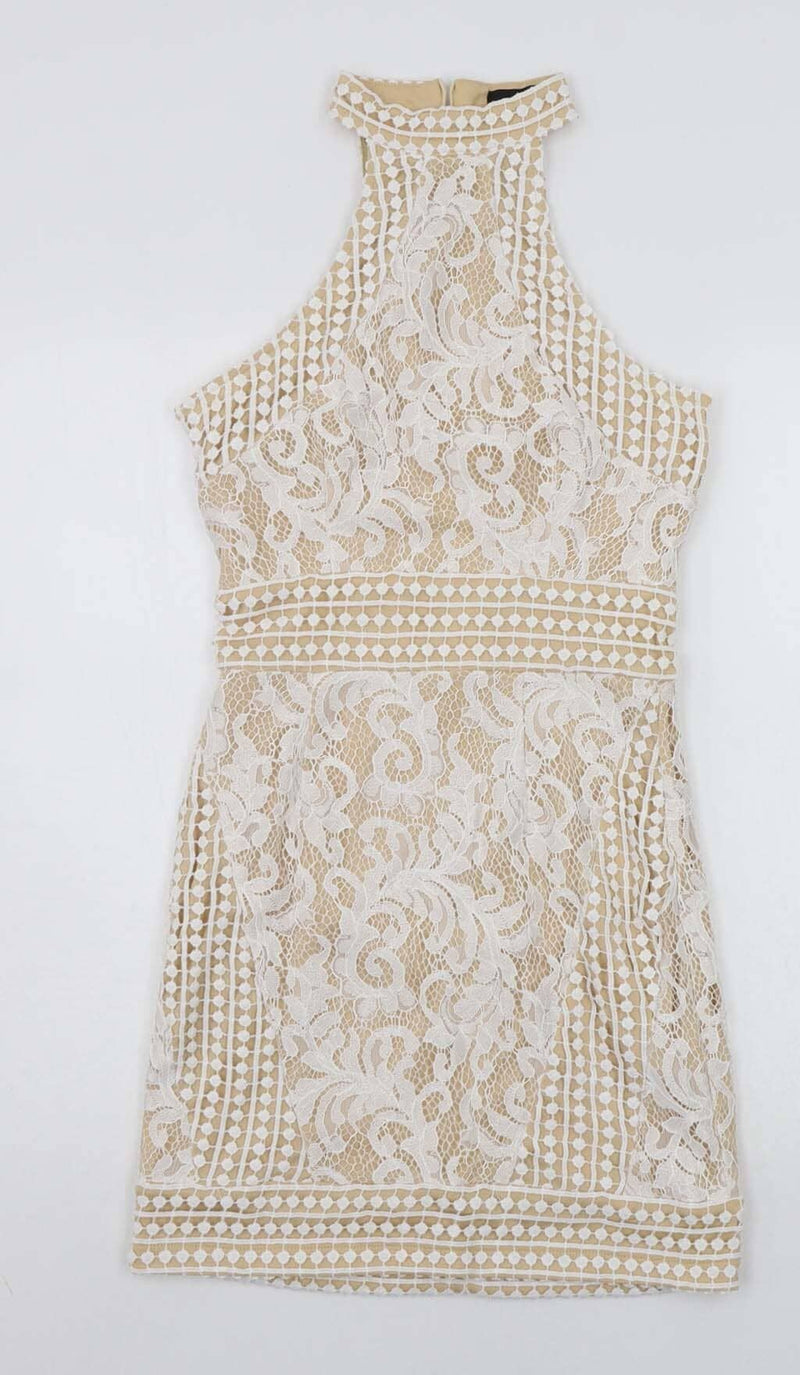 HIGH NECK CROCHET MINI DRESS IN BEIGE