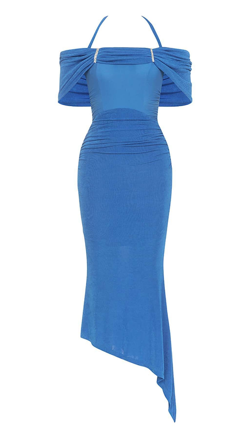 HIGH NECK FRILL MIDI DRESS IN BLUE