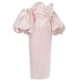 Puff Sleeve Satin Midi Dress In Pink