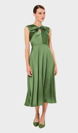 twist neck satin midi dress in green