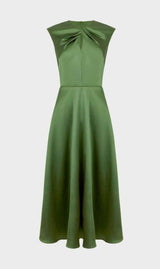 twist neck satin midi dress in green