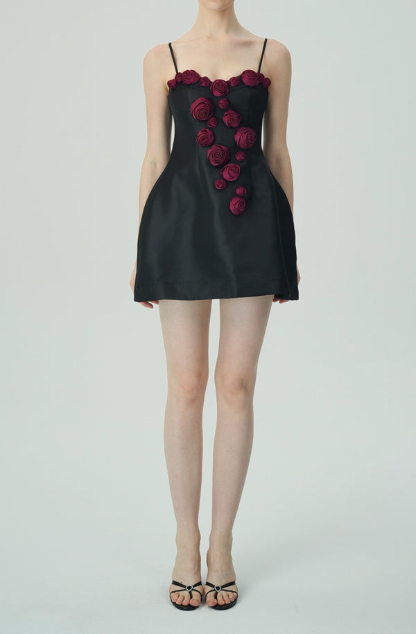 Elegant Burgundy 3D Floral Black Satin Mini Dress