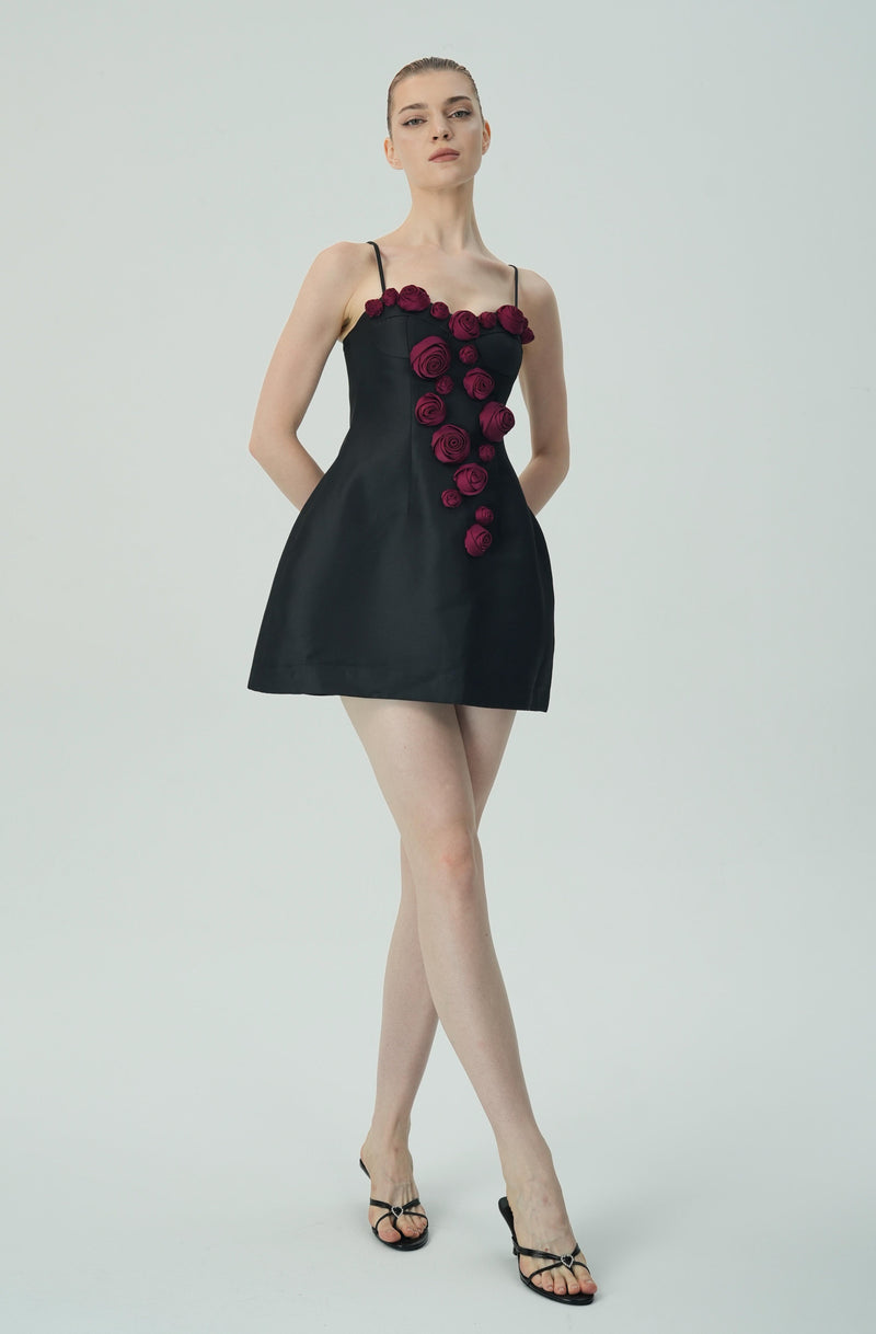 Elegant Burgundy 3D Floral Black Satin Mini Dress