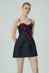 Elegant Burgundy 3D Floral Black Satin Mini Dress