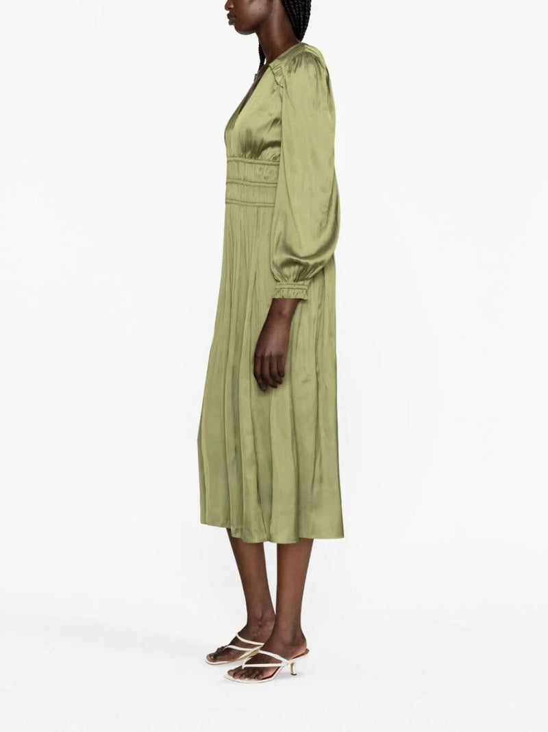 GREEN PUFF SLEEVE SATIN MIDI DRESS