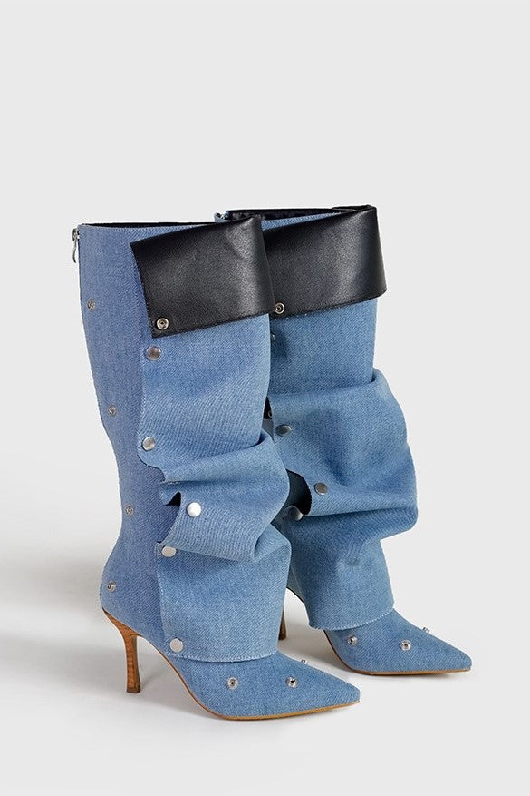 Isabela Appliqué Ruched  Denim Knee-high boots - Blue