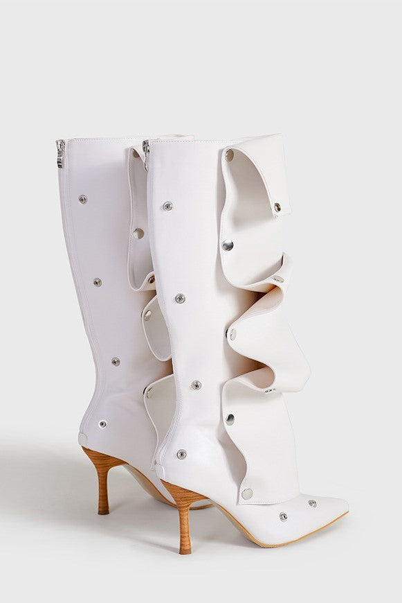 Isabela Appliqué Ruched  Knee-high boots - White