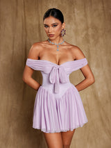 YVETTE PALE PURPLE OFF SHOULDER MESH MINI DRESS