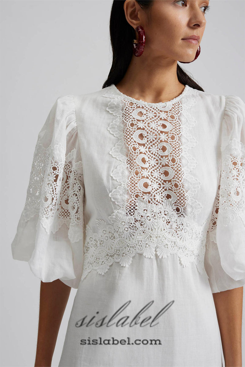 HAZEL WHITE EMBROIDERED ROUND NECK PUFF SLEEVE MIDI DRESS