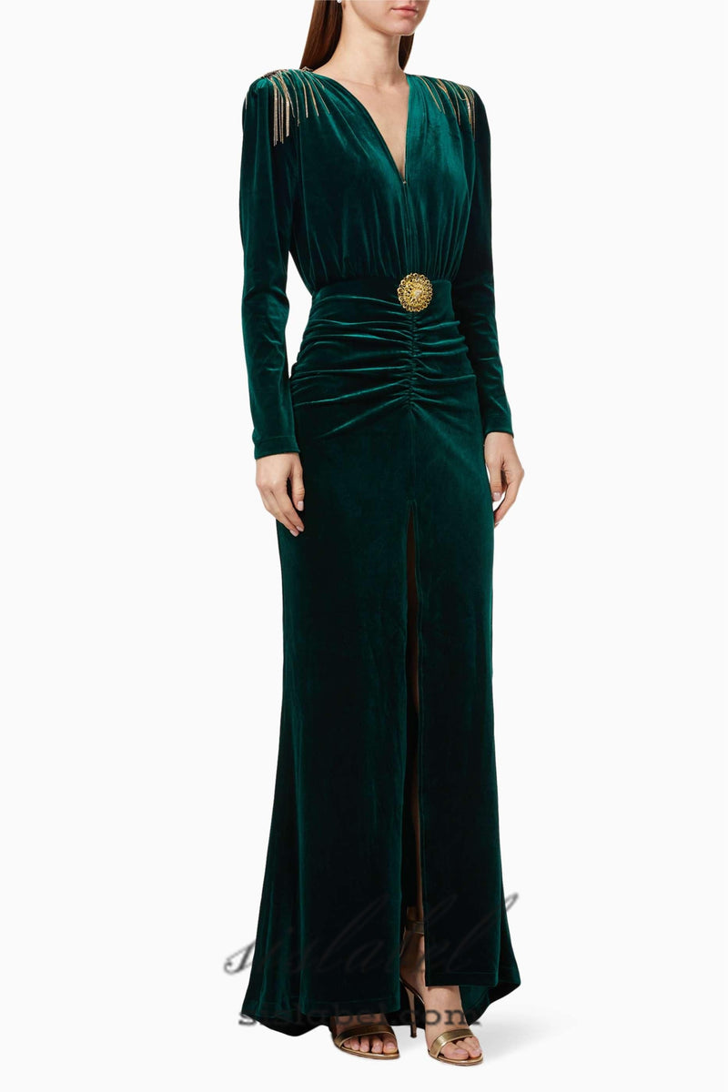 PHILIPPPA VELVET TASSEL V-NECK MAXI DRESS IN GREEN