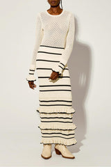 BRIDGET KNIT STRIPE FRILL MIDI DRESS IN WHITE