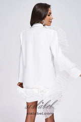 POLLY RUFFLE DETAIL LONG SLEEVE BLAZER IN WHITE