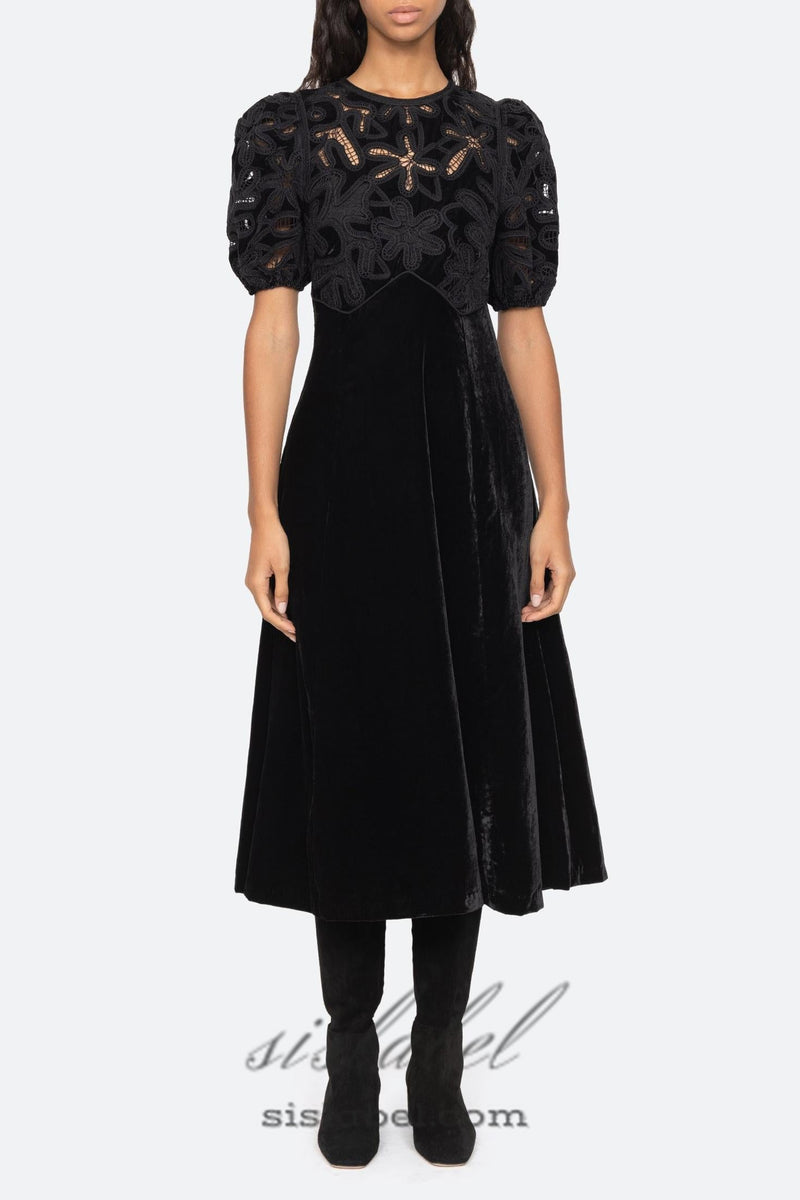 Velvet Puff Sleeve Embroidered Midi Dress in black