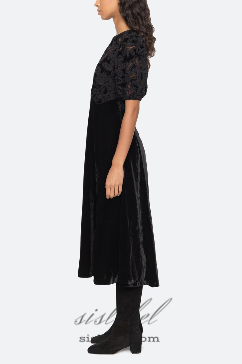 Velvet Puff Sleeve Embroidered Midi Dress in black