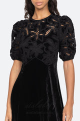 Velvet Puff Sleeve Embroidered Midi Dress in black