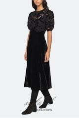 Velvet Puff Sleeve Embroidered Midi Dress in black