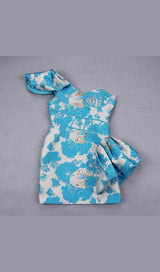 BLUE JACQUARD ONE SHOULDER MINI DRESS