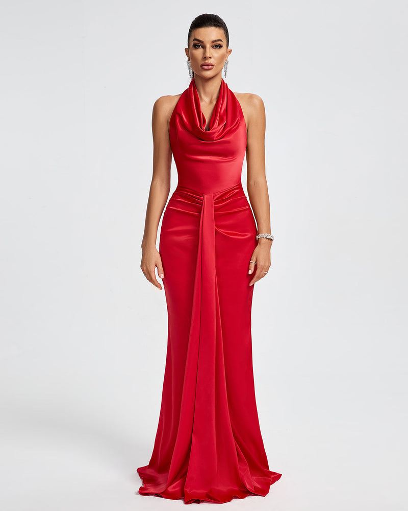 HALTER DRAPED SATIN MERMAID MAXI DRESS IN RED