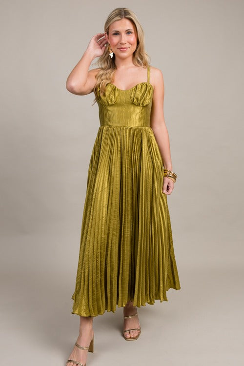 Chartreuse Satin Pleated Midi Dress